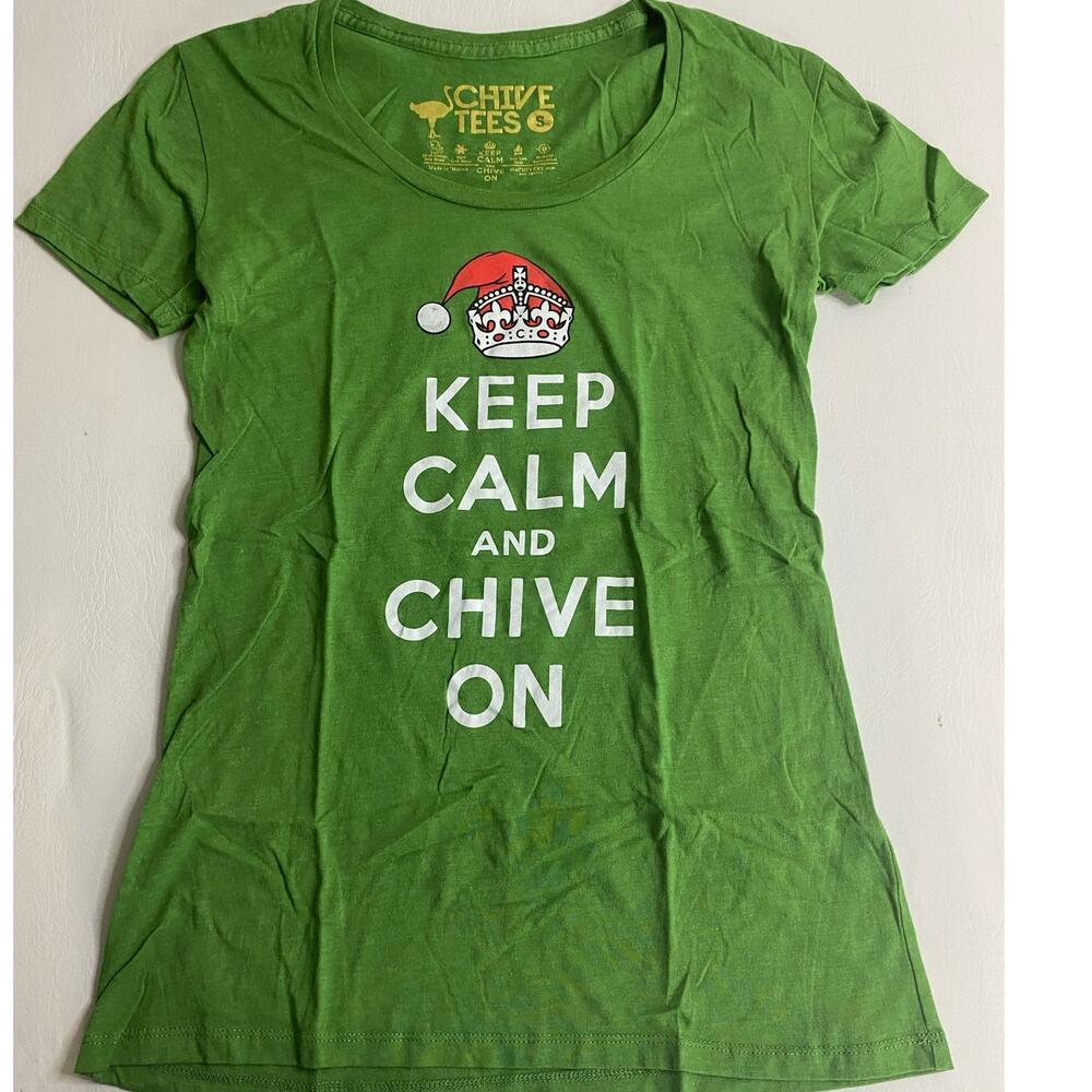 Keep Calm Chive On Women's Green Graphic T-Shirt Tee Size Small